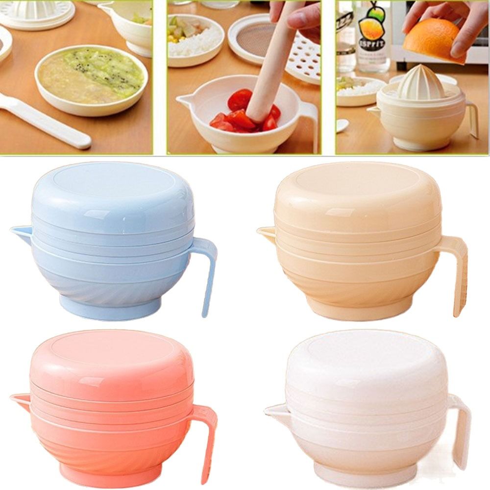 Baby Food Bowl - 7-teiliges tragbares Lebensmittel-Mahlschüssel-Set, Zitruspresse, Lebensmittelqualität, Baby-Handbuch-Mühle-Set,